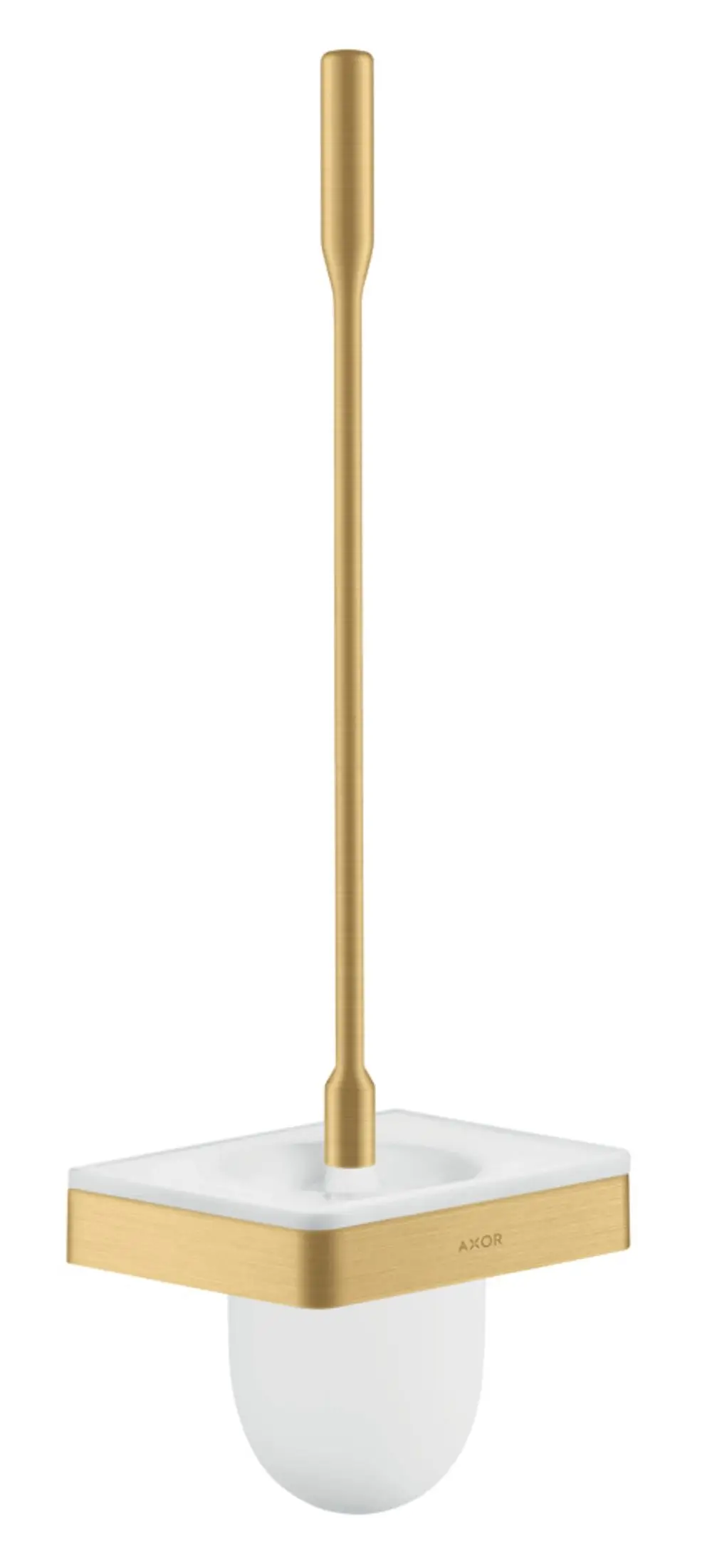 Toilettenbürstenhalter mit Wandmontage, mit einem langen goldenen Griff und einer weißen Halterung. Hergestellt von AXOR.